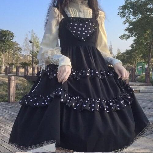 Japanese Sweet Lolita Dress Square Collar Sleeveless Kawaii Heart-Shaped Wave Point Vintage Soft Girl Lace Ruffle Swing Dresses