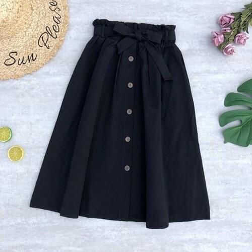 Spring Summer Skirt Women Casual A- Line Skirt With Button Bow Tie High Waist Long Skirts Female