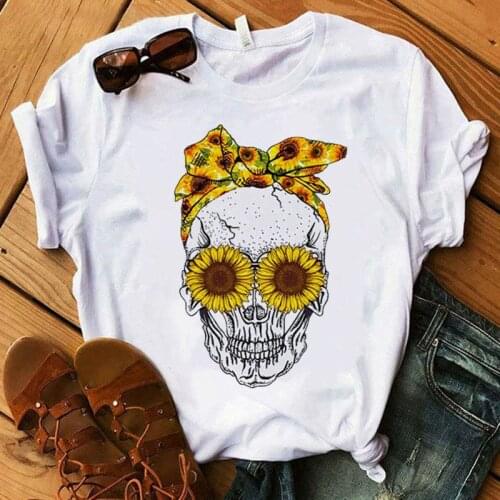 Women T Shirts Fashion Skull Flower Tshirts Female Streetwear Punk Ladies T Shirt Kawaii Casual Short Sleeve Clothe Femme Tees