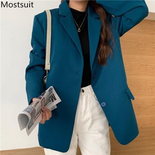 Korean Chic Fashion Women Blazer Jacket 2021 Spring Long Sleeve Single-breasted Pockets Elegant Ladies Office Streetwear Blazer