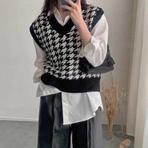 2021 Women Houndstooth Vest Sweater Casual V Neck Sleeveless Autumn Winter Jumper Knitted Korean Style Pullover Loose Tops