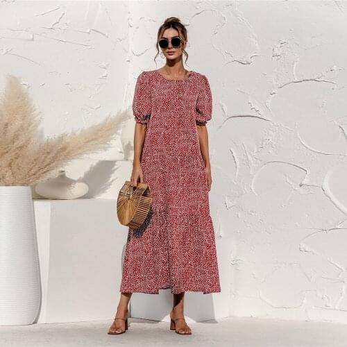 2021 Summer Polka Dot Plaid Print Robe Maxi Dress Women Elegant Loose Puff Sleeve Casual Patchwork Long Skirt