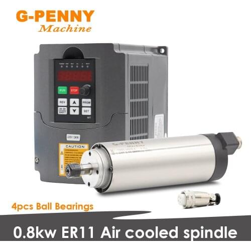 0.8kw ER11 Air cooled spindle motor Diameter 65mm 4pcs ball bearings High accuracy precision 0.01 & 1.5kw HuanYang Inverter VFD