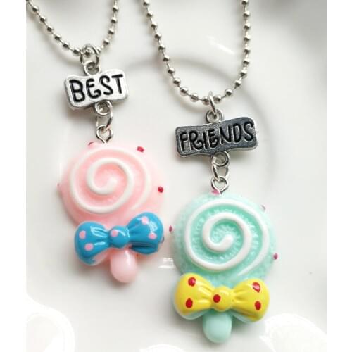 Children Best Friends Cute Resin Pink Blue Bowknot Lollipop Pendant BFF 2 Necklace Friendship Jewelry Gifts For Kids 10 Set