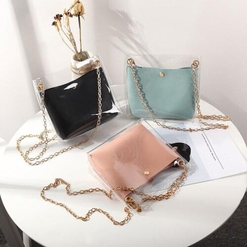 7PCS / LOT Transparent Clean Crossbody Clutch Bags Composite Bags Transparent Shoulder Bag Metal Chain Magnetic Buckle PU Purse