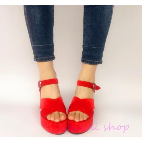 Princess sweet lolita shoes loliloli yoyo Japanese design custom large size summer red flock platform wedges sandals an6075