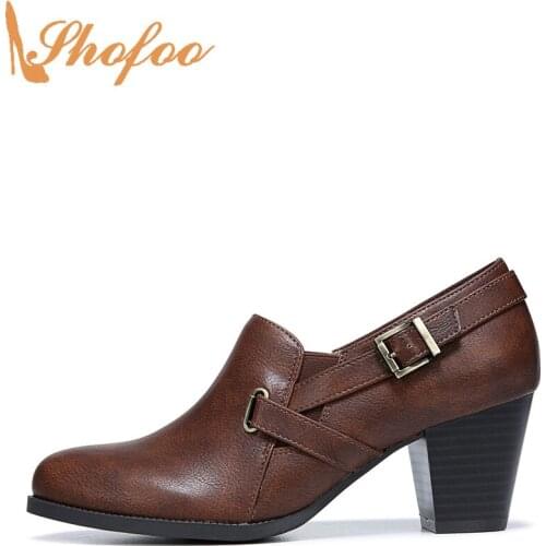 Brown Ankle Boots High Chunky Heels Round Toe Booties Woman Ladies Fashion Buckle Strap Mature Shoes Large Size 11 15 Shofoo