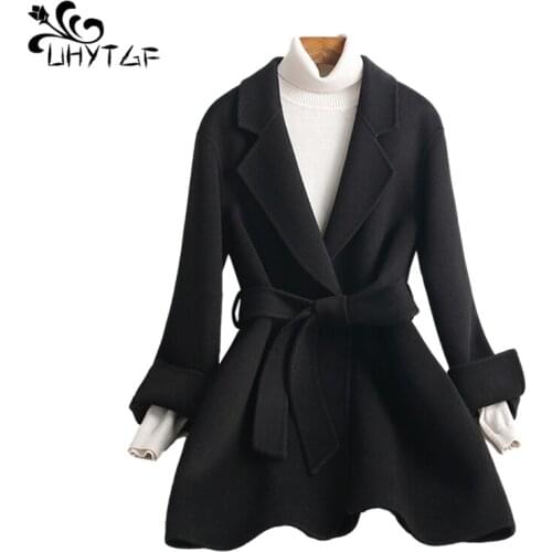 UHYTGF Double-faced Cashmere Coat Women Tops Wool Jacket Spring Autumn Clothes Black Woolen Woman Jacket With Belt Outerwear 967