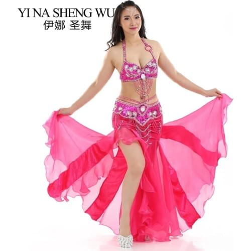 3pcs Set Adult Belly Dance Performance Costumes Flannel Split Skirt Oriental Dance Performance Clothing Bra Belt Skirt Dance Set