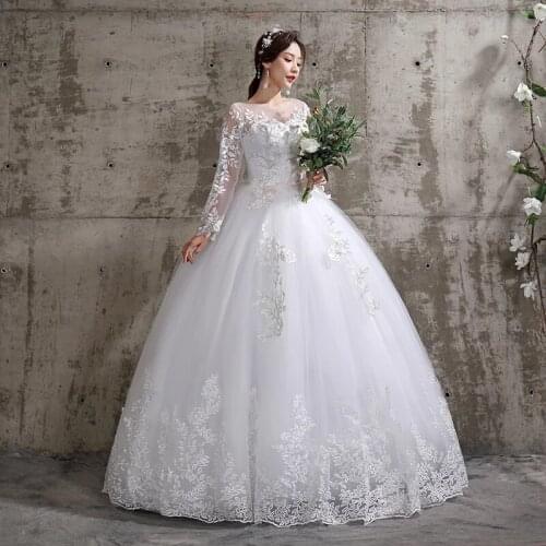 Lightweight Wedding Summer Round Neck White Trailing Simple Bride Dream Princess Long Sleeve Lace Applique