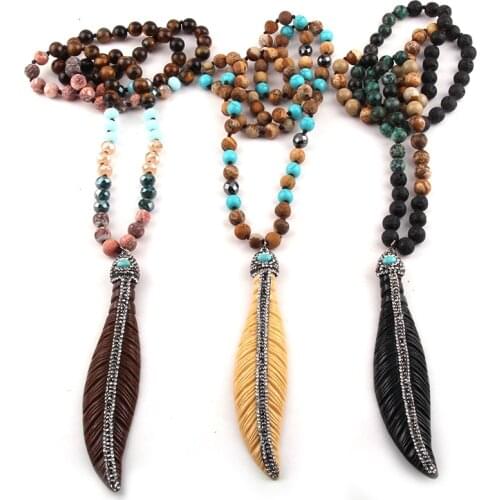 Fashion Stone Mixed Color Knotted Paved Leaves Pendant Necklaces For Women Ethnic Necklace