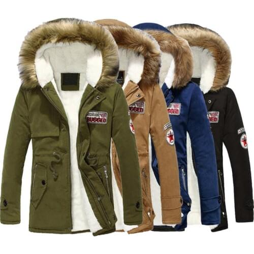 Fashion Winter Jacket Men Fur Collar Thick Warm Parkas Men Hooded Coats Army Green Military Velvet Long Trench Men Cotton-padded