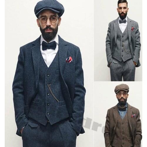 2020 Mens Blue Grey Coffee 3 Piece Tweed Suit Herringbone Classic Wool Notch Lapel Vintage Retro Mens Suits