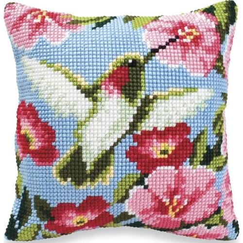 DIY Cross Stitch Cushion Front Humming Bird Needlepoint Kits Printed Canvas Chunky Yarn Cross-stitch Pillow Case Arts & Crafts
