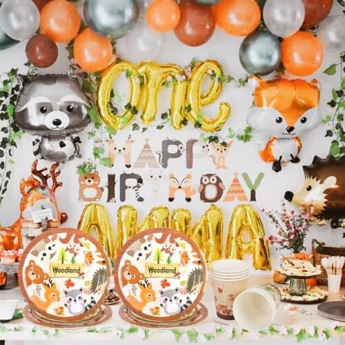 Fox Raccoon Woodland Party Disposable Tableware Set Woodland Animal Foil Balloons Children one Year old Birthday decorations