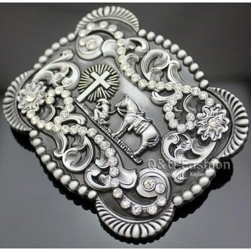 New Fashion Belt Buckle Antique Silver Plated Native 3D Cowboy Church Prayer Cross Horse Crystal Men