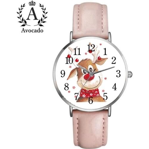 New Christmas Watch Fashion Fawn Digital Female Watch Pink Leather Strap Girl New Year Gift