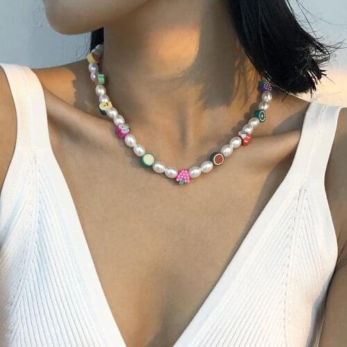 DIEZI Bohemian Imitation Pearl Resin Choker Necklace For Women Girls Sweet Fruit Necklace Soft Clay Beads Chain Necklace Jewelry