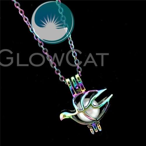 R-C61 Rainbow Colors Flying Bird Beads Cage Pendant Perfume Diffuser Aromatherapy Oyster Pearl Cage Locket Necklace