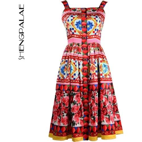 SHENGPALAE 2021 Designer Womens High Quality Colourful Flower Printed Crystal Button Spaghetti Strap Knee-length Dress ZA3832