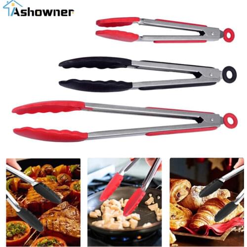 Silicone BBQ Grilling Tong Kitchen Cooking Salad Bread Serving Tong Non-Stick Barbecue Clip Clamp Stainless Steel Tools Gadgets