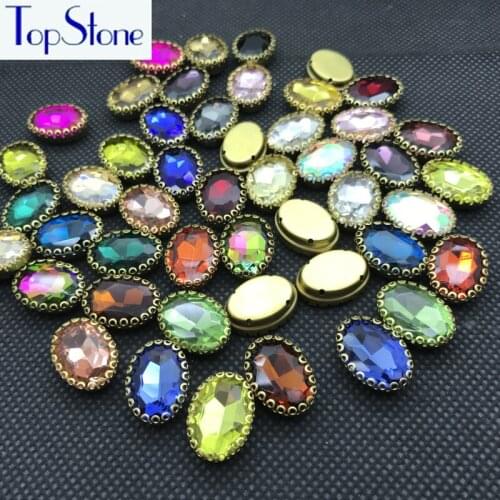 Topstone 48pcs 10x14mm Oval Sew On Rhinestones In Brass Lace Claw Setting Glass Crystal Sew-on Stone Dress Jewelry Making