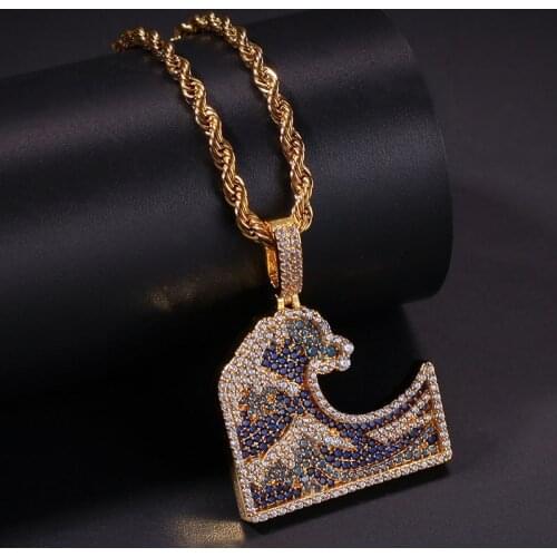 Vintage Ocean Waves Pendant Necklace 2 Colors New Arrival Hip Hop Jewelry AAA Cubic Zirconia Fashion Mens Necklace