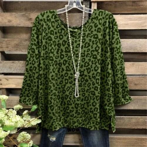 Plus size 3xl women clothing Long sleeve v neck leopard print women tshirt Green yellow brown top femme