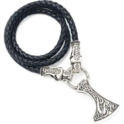 Nostalgia Viking Axe Pendant Wolf Head Leather Chain Necklace Slavic Perun Axe Gothic Amulet Talisman Jewlery