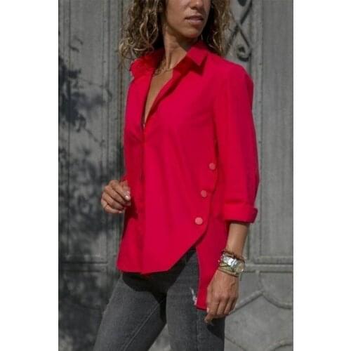 2019 NEW Sexy V Neck Chiffon Shirts Womens Fashion Long Sleeve Irregular Blouses Solid Color Turn-Down Collar Shirts Ropa Mujer