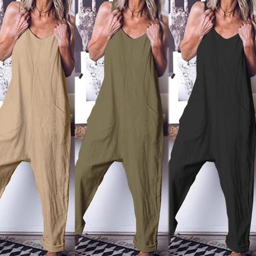 Womens Casual Jumpsuits 2021 ZANZEA Linen Overalls Kaftan Strap Rompers Pantalon Female Harem Pants Combinaison Femme