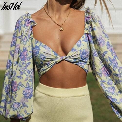 Floral Print Wrap Boho Top Women Puff Sleeve V Neck Crop Top Bow Tie Elastic Slim Blouse Female Holiday Summer Chiffon Tops