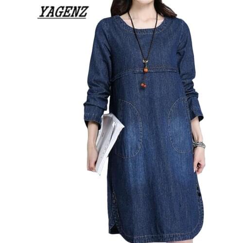 Vintage Pocket Denim Dresses 2021 Spring Autumn Korean Casual Large size Women Long-sleeved Denim Dress Loose Cowboy Style A28