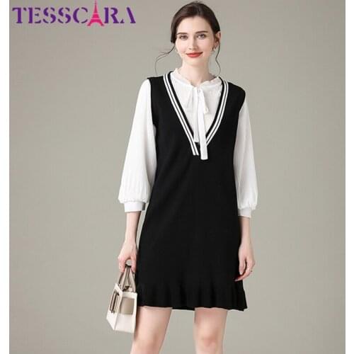 TESSCARA Women Spring & Autumn Elegant Sweater Dress Festa High Quality Preppy Style Robe Femme Designer Short Casual Vestidos