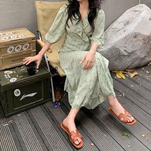 Womens Dress Ruffled Short-sleeved Dress Womens Summer Dress New Korean Version of The High-waisted Thin A-line Long Skirt