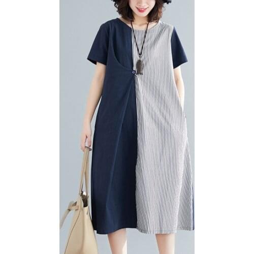 Fashion 2019 Summer Dresses Robe Vintage Femme Literary Striped Midi Dress Patchwork Loose WomenS Asymmetric Dresses TA1623