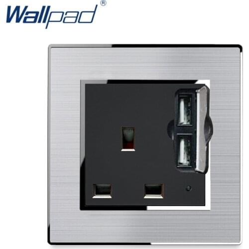 3 Pin 13A Socket With 2 USB Charger Wallpad Stainless Steel Panel With Silver Border Wall Socket AC110-250V