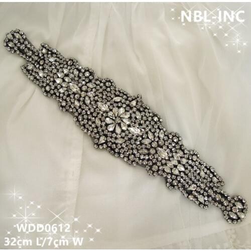 30PCS) Wholesale handmade beaded sewing gunmetal clear crystal rhinestone sash applique for dresses DIY iron on WDD0612