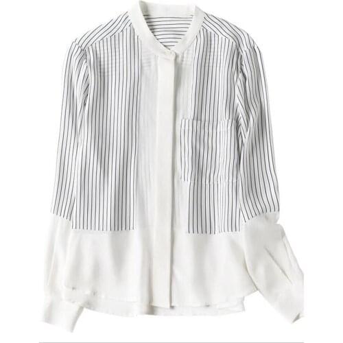 White and Black Striped Chiffon Patchwork Women Shirts 2021 Summer New Lantern Sleeved Loose Lady Shirts Outwear Tops