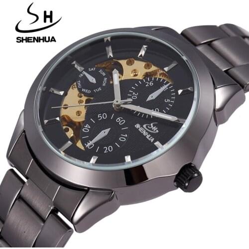SHENHUA Famous Brand Watches Steampunk Black Automatic Mechanical Watches Men Fashion Male Clock Skeleton Wrist Watches Reloj