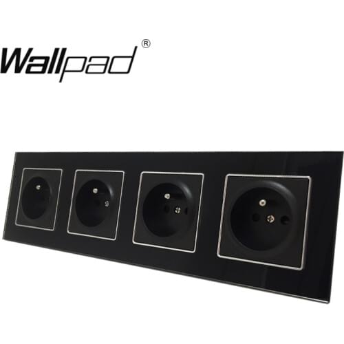Quadruple French Socket Round Box Mount CE Wallpad Luxury Black Crystal Glass 4 Way 16A French Standard Power Socket with Claws