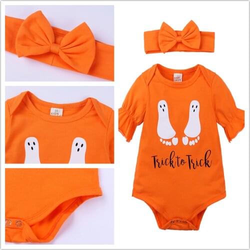 HOOYI Halloween Bodysuits Baby Girl Clothes Newborn Headbands Short Sleeve Romper Ghost Childrens Tops