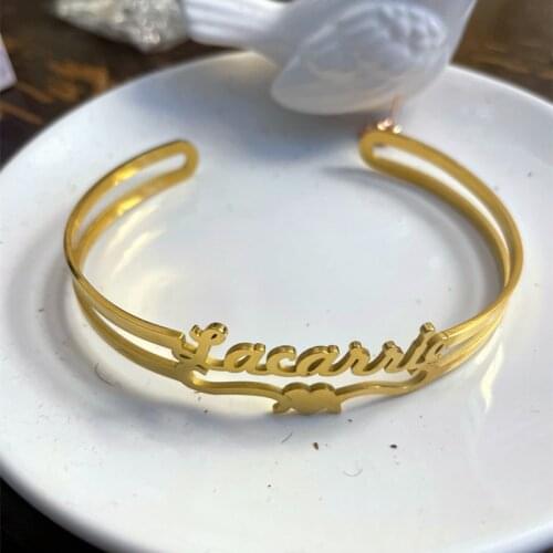Custom Heart Name Bangles For Women Jewelry Stainless Steel Personalized Ribbon Nameplate Bracelets Best Friends Gifts