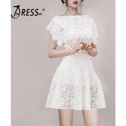 INDRESSME 2019 New Sexy Lace A-line Dress White Skater Dress Mini Dress Party Women