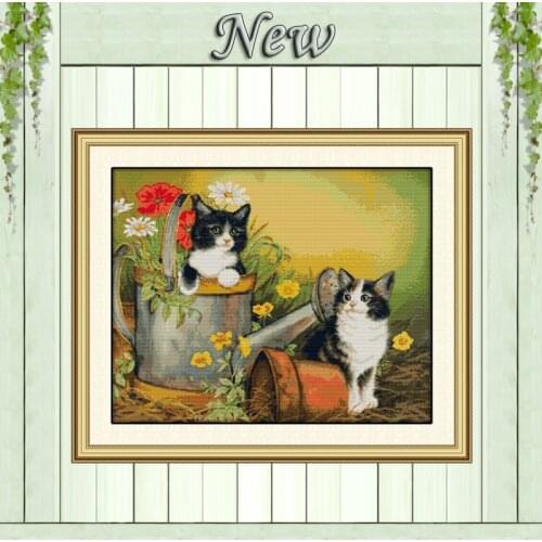 Two kittens cats flowers cartoon diy painting counted print on canvas DMC 14CT 11CT Cross Stitch Needlework Sets Embroidery kits