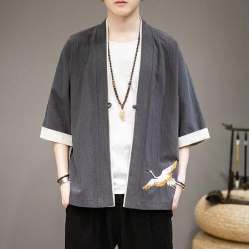 2021 oriental style hanfu top men casual daily top breathable fabric medium sleeve red-crowned crane embroidery kimono cardigan