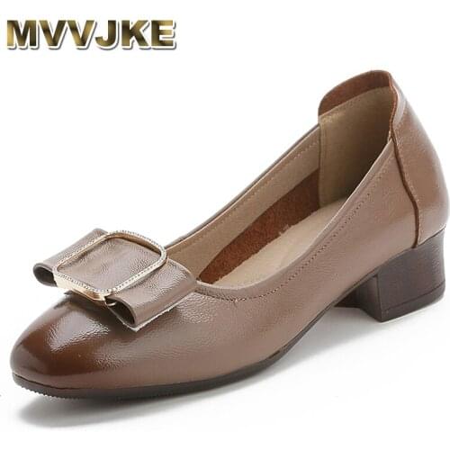 MVVJKE Spring Summer Vintage Genuine Leather Low Heel Pumps Women Shoes 2020 Round Toe Shallow Square Buckle Office Shoes Women