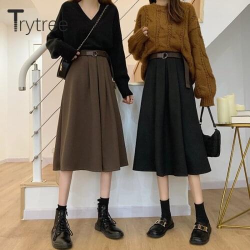 Trytree 2020 Autumn Winter Casual Woman Skirt Blends Tweed Elastic Waist High Waist Belt A-line Solid Mid-Calf Office Lady Skirt