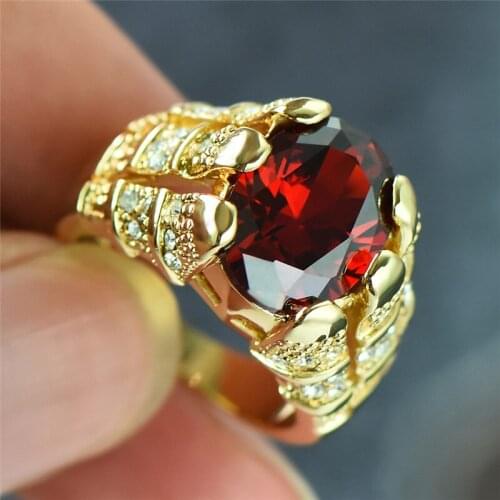 Luxury Yellow Gold Red Oval Zircon Rings for Men Women Fashion Birthstone Ring Male Female Wedding Jewelry Valentines Day Gifts