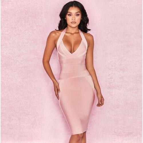 Sexy Halter Feminine V Neck Ribbed Knit Cold Shoulder Bandage Mini Sheath Dress